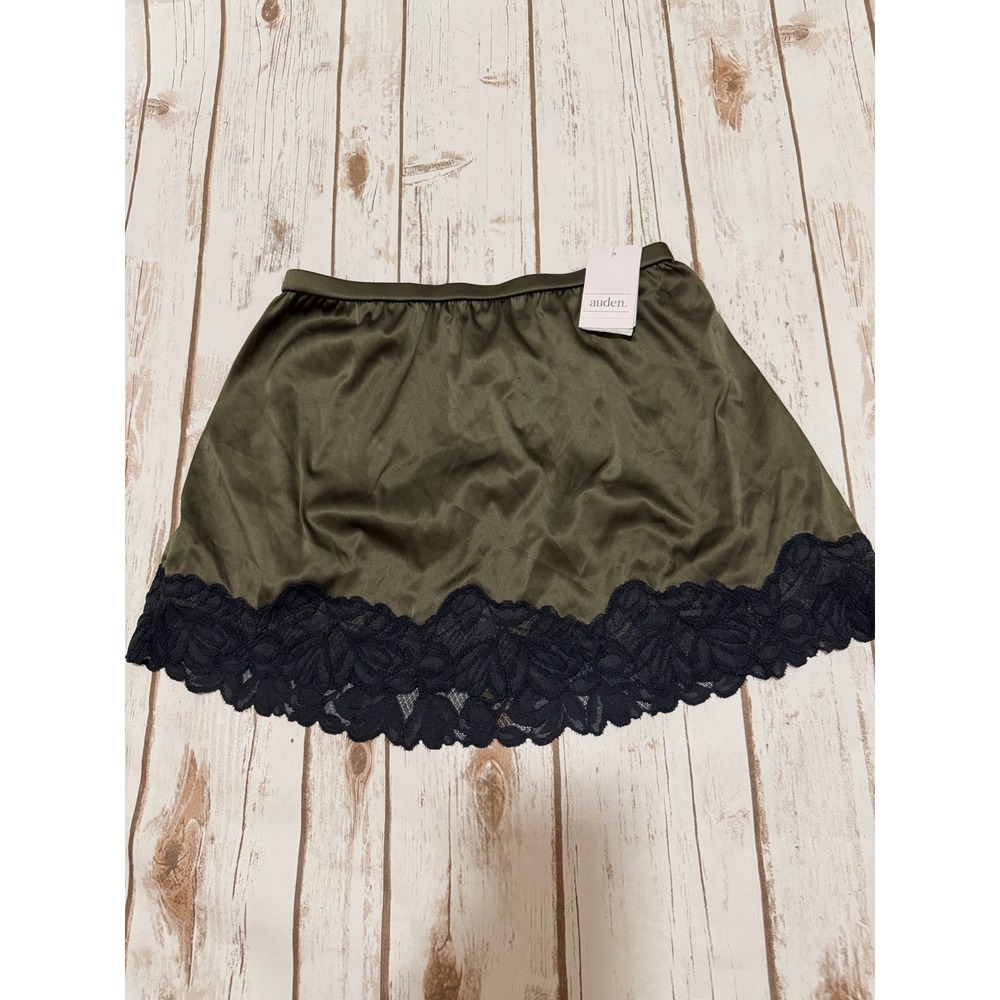 Auden Olive Green Satin Half Slip Black Lace Trim Lingerie New With Tags